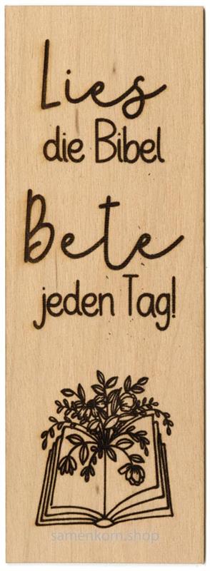 Lesezeichen aus Holz "Lies die Bibel..." offenes Buch