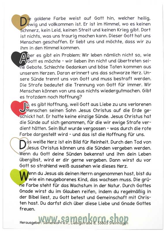 Verteilkarte zum "Wortlosen Buch" mit Herz, deutsch